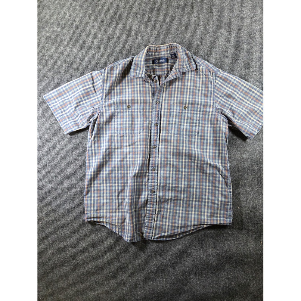 Roundtree & Yorke Casuals Mens Medium Blue Plaid Short Sleeve Button Down Shirt